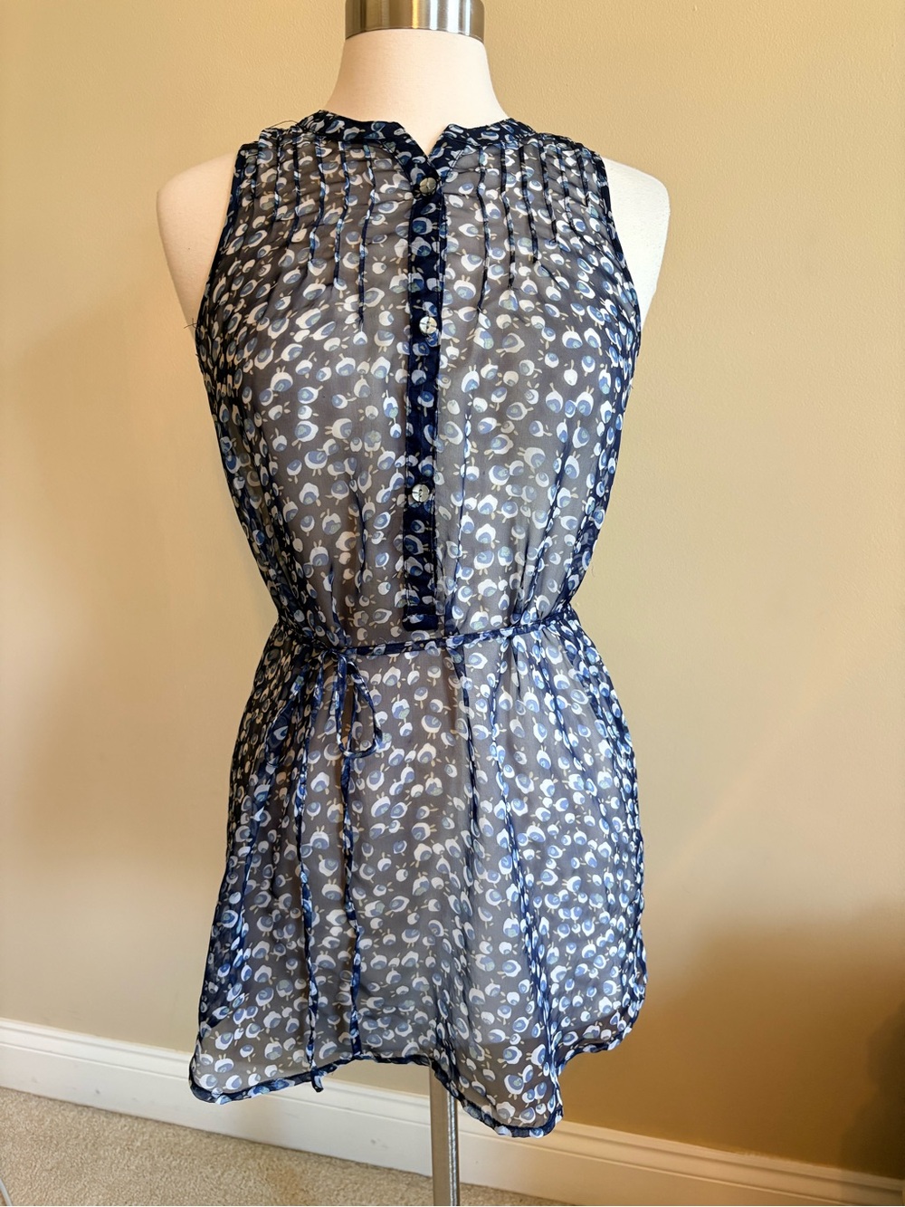 Brooklyn Industries Sheer Navy Blue Sleeveless Tie-Waist Tunic